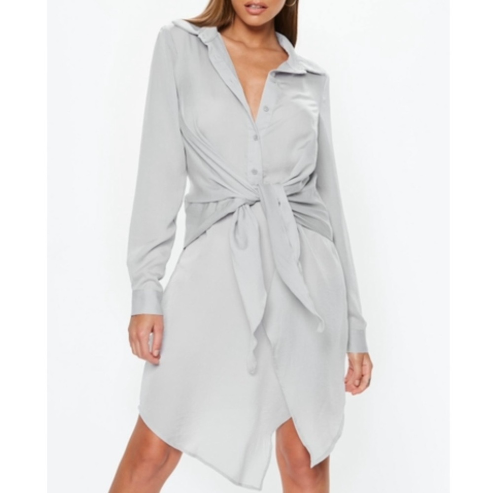 NWOT MISSGUIDED Grey Long Sleeve Button Down Tie Front Shirt Dress